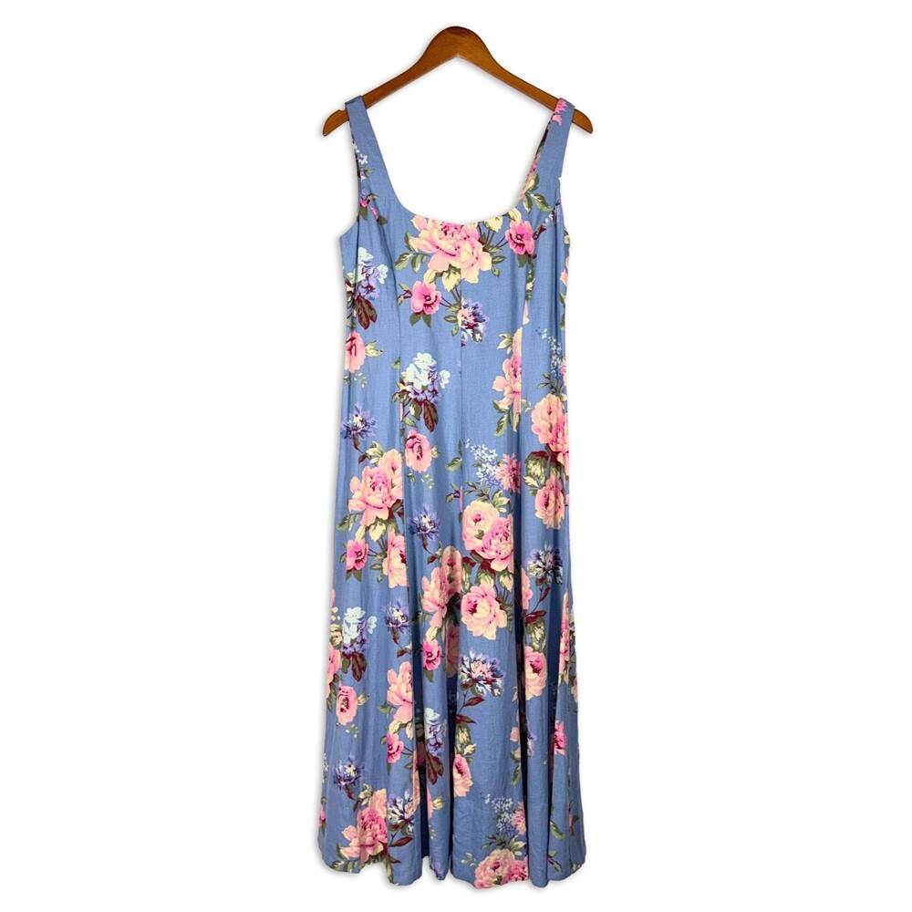Gap Linen Blend Maxi Dress M Blue Floral Cottagecore Smocked Back NWT